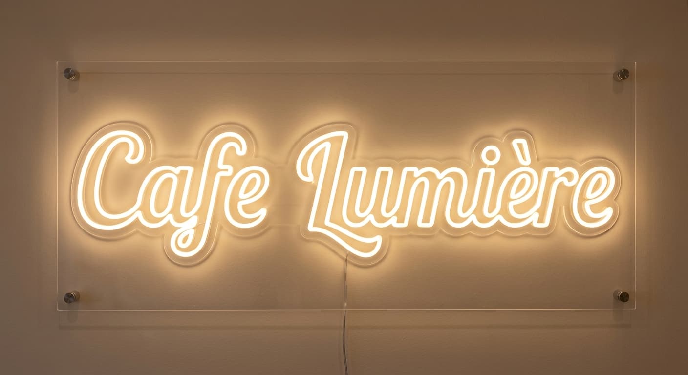 カフェの店名ネオンサイン（Cafe Lumière）のAI生成イメージ